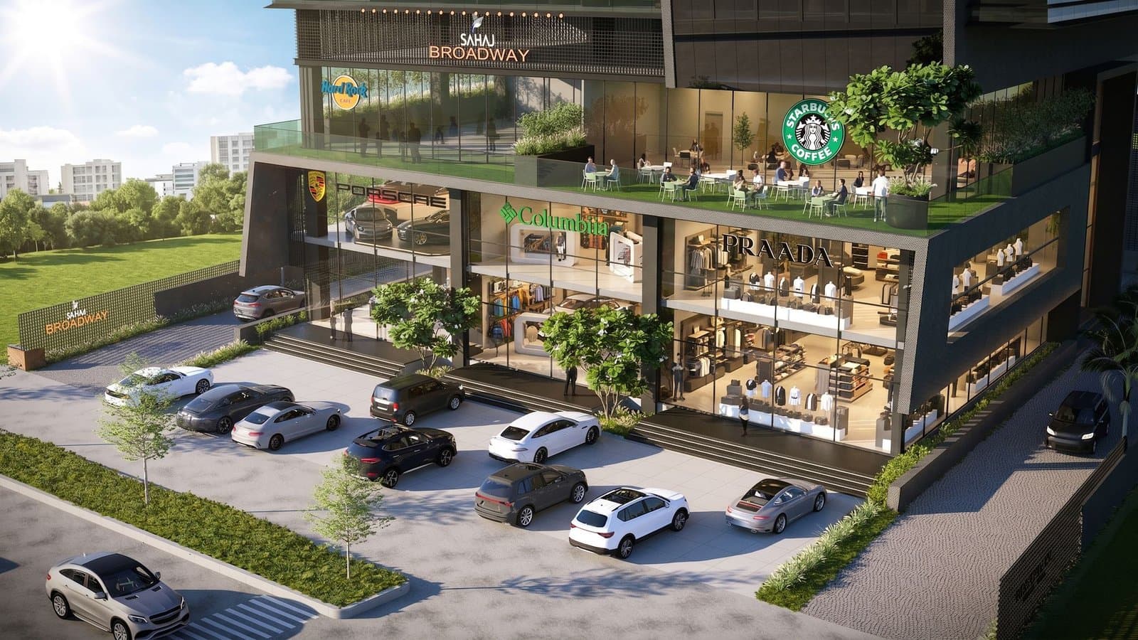 Aerial view — retail arcade & rooftop terrace